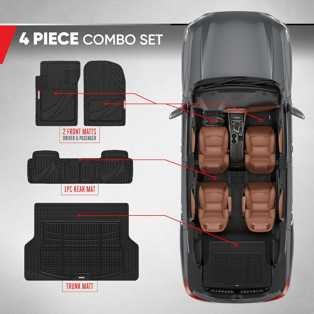 FlexTough Advanced Heavy Duty Black Rubber Car Floor Mats & Cargo Liner for SUV & Car Full Set - Universal Trim to