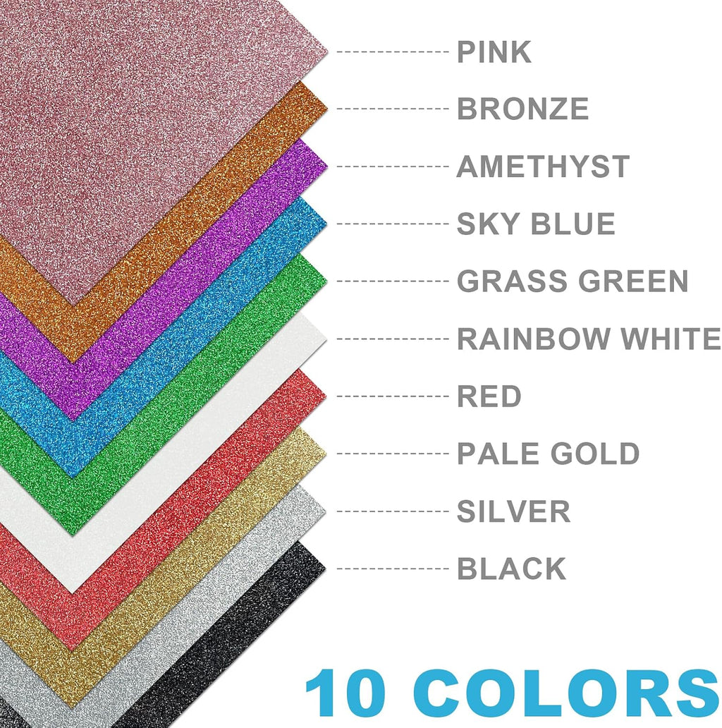 Glitter Heat Transfer Vinyl HTV 12"x10" Bundle 10 Sheets, Glitter Iron on Vinyl for Cricut & Silhouette Cameo - HTV