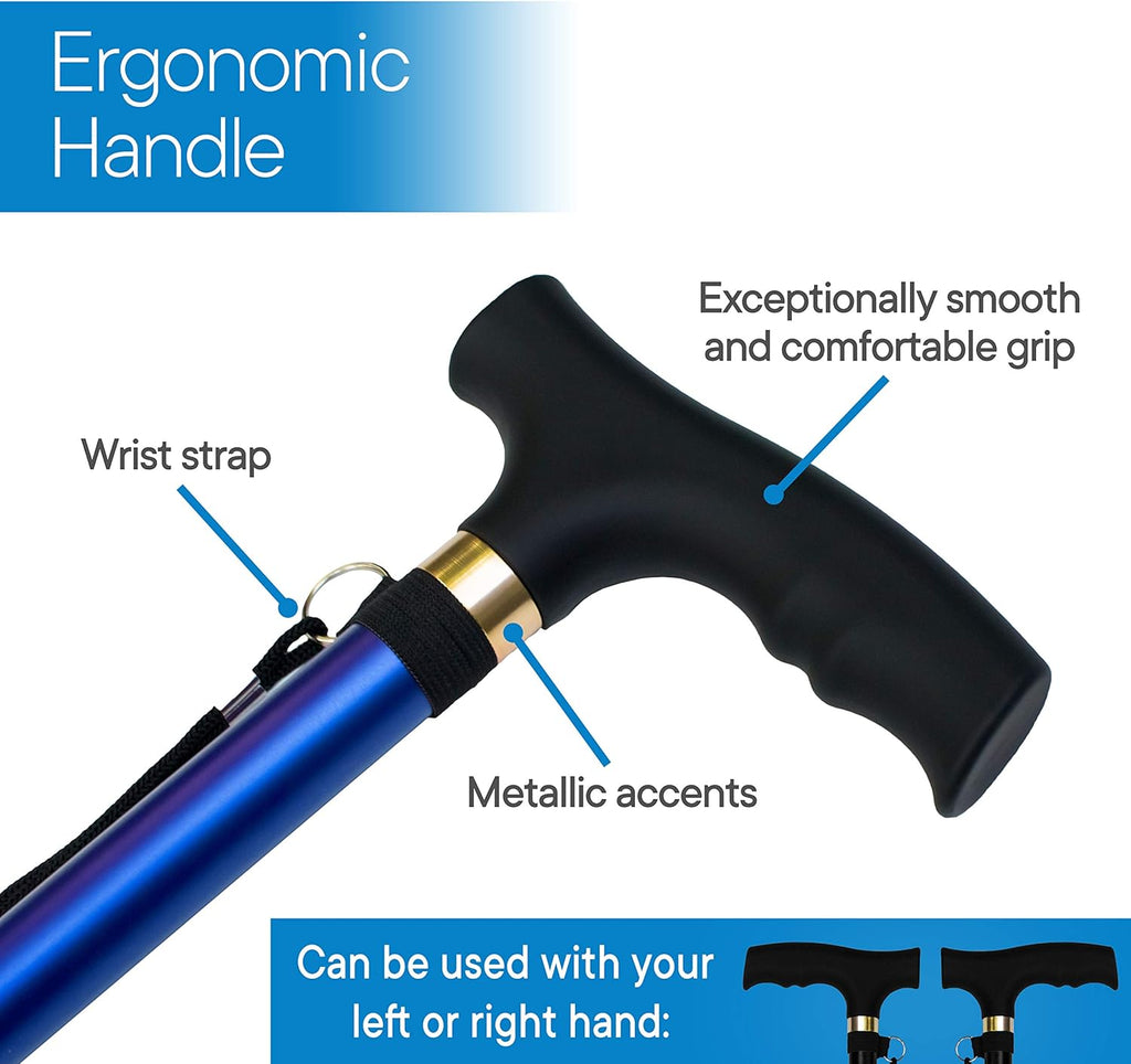 Folding Cane - Foldable Walking Cane with Adjustable Height - Collapsible and Lightweight - Soft Ergonomic Handle for