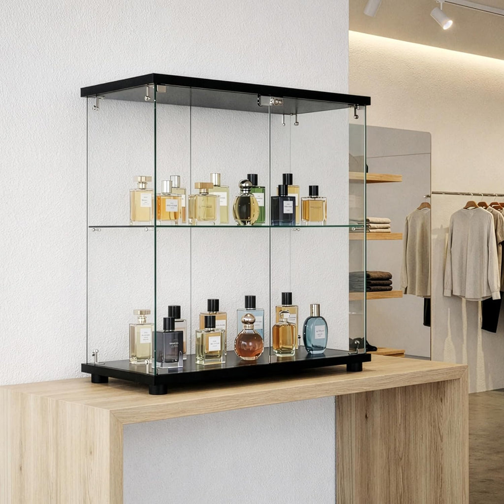Frameless Glass Display Case 32" Countertop Showcase with Double Locking Doors & Adjustable Shelves – Tempered Glass