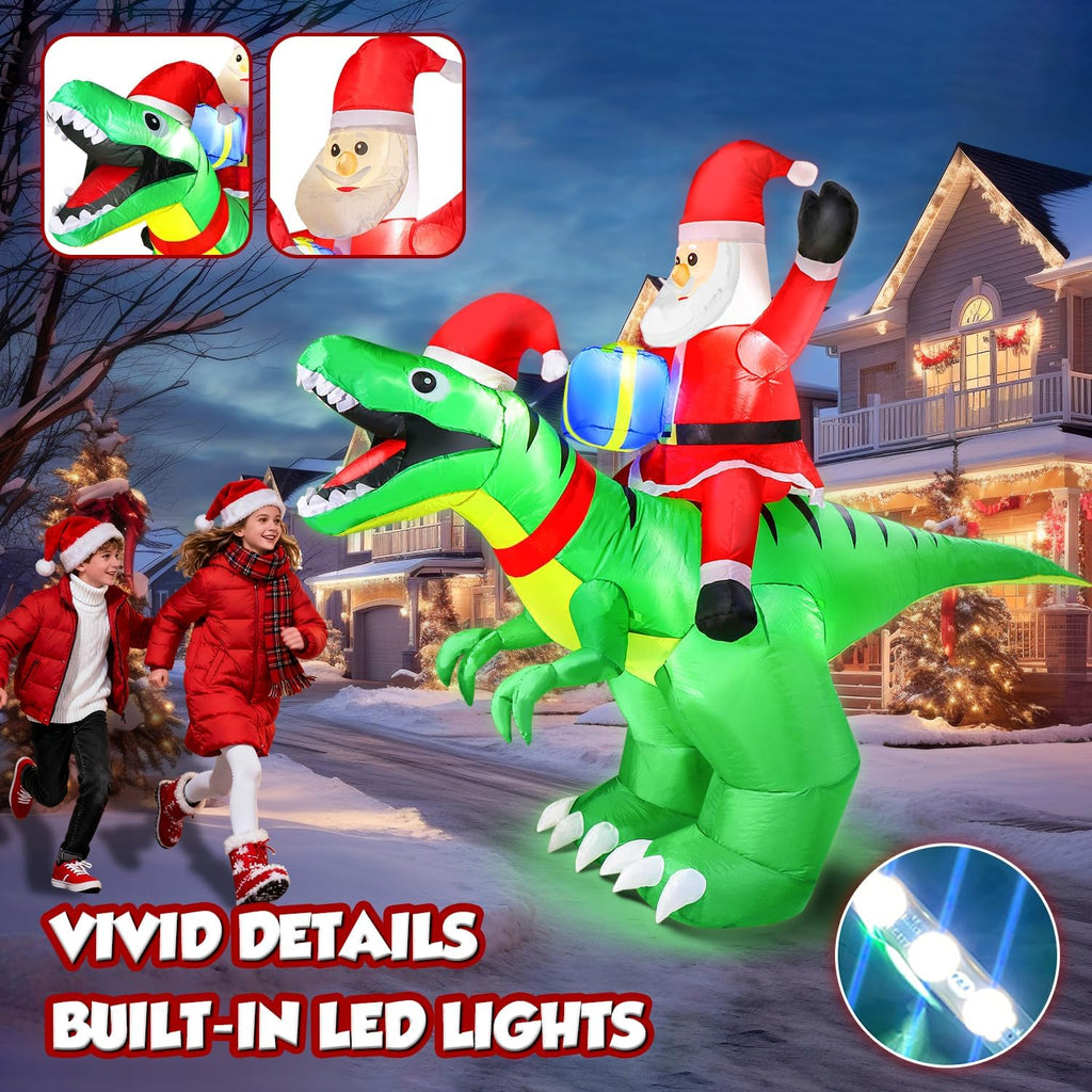 9x7FT Christmas Inflatables Santa Ride on Dinosaur with LED Outdoor Christmas Dinosaur Inflatable Blow Up Yard