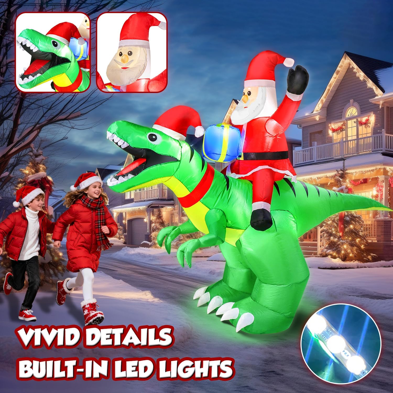 9x7FT Christmas Inflatables Santa Ride on Dinosaur with LED Outdoor Christmas Dinosaur Inflatable Blow Up Yard
