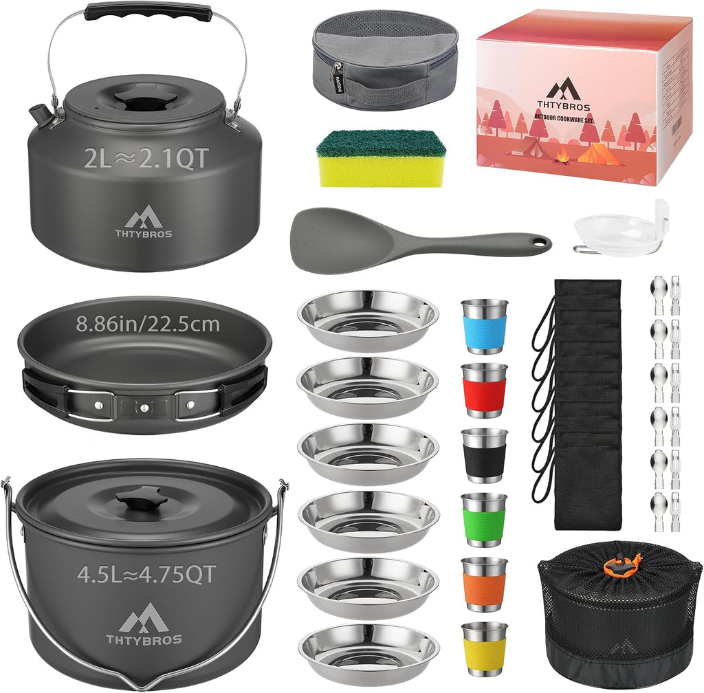 43-Piece Camping Cookware Set,Large Mess Kit for 6 Persons,with 4.75QT Pot,2.1QT Kettle,Frying Pan,Cups,Utensils and