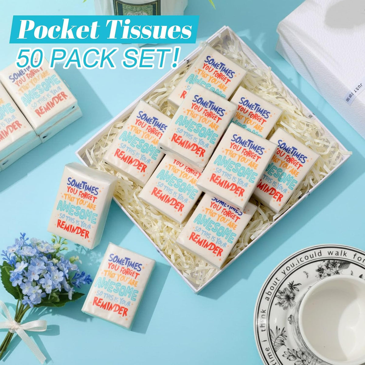 50 Pack Inspirational Pocket Tissues Travel Size for School Classroom