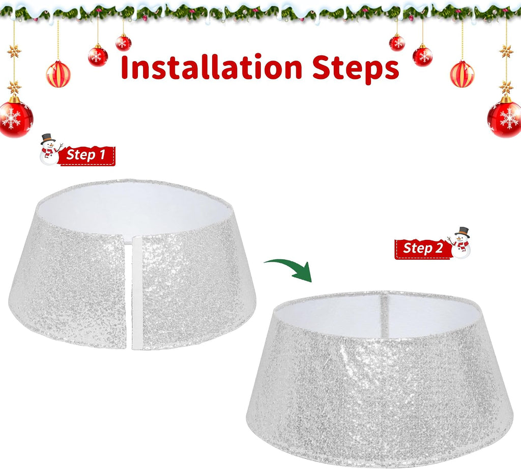 Silver Sequin Christmas Tree Collar 23 Inch | 16 Inch top opening and tapered ring conceal stands and cords with hook