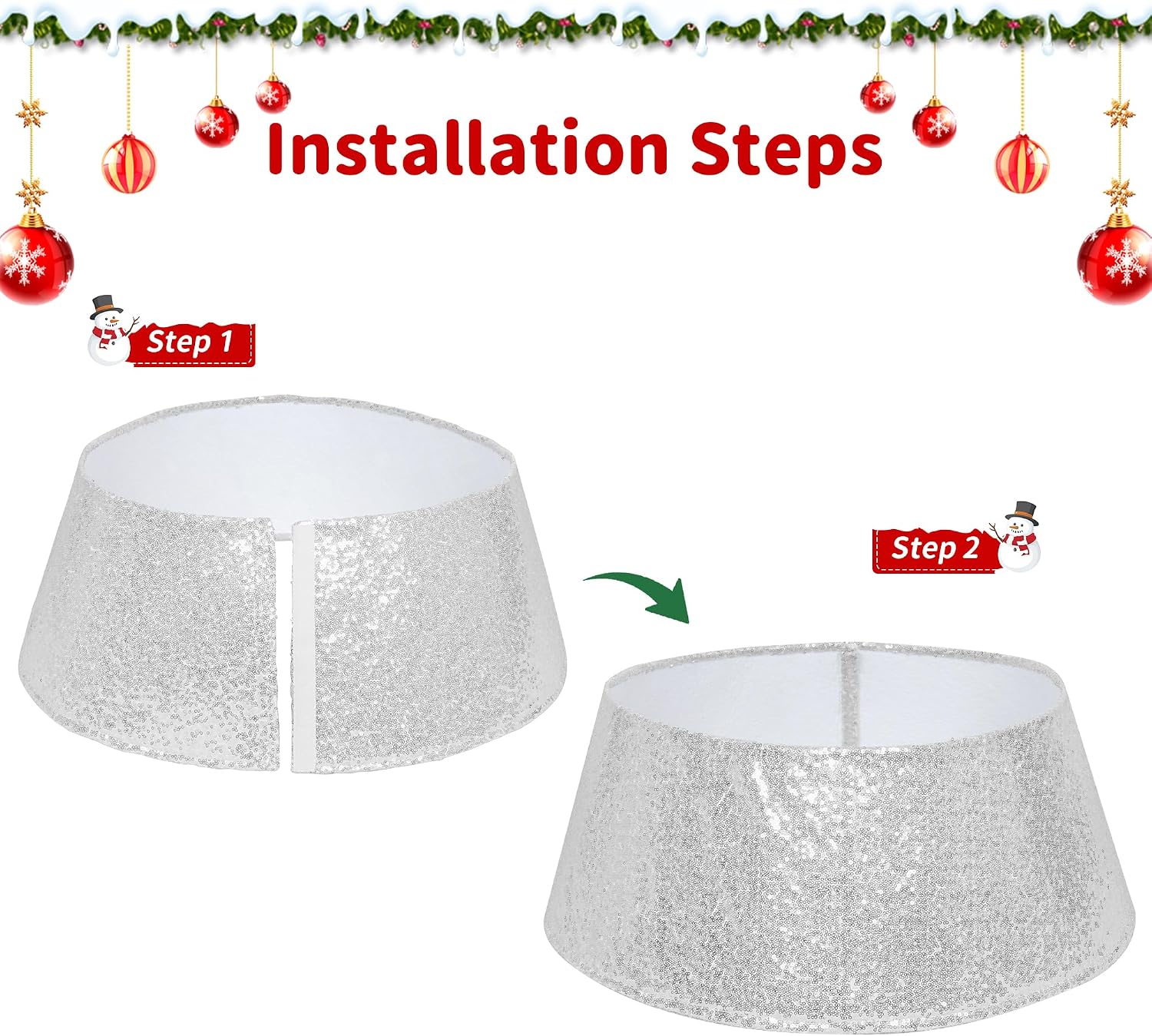 Silver Sequin Christmas Tree Collar 23 Inch | 16 Inch top opening and tapered ring conceal stands and cords with hook