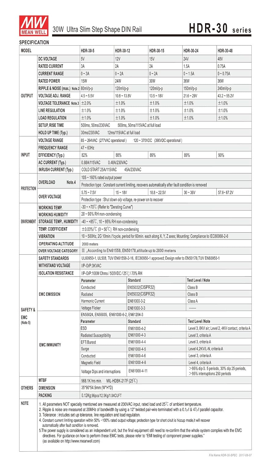 MEAN WELL HDR-30 Ultra Slim Step-Shape 2SU DIN Rail Power Supply, 12V 2A 24W