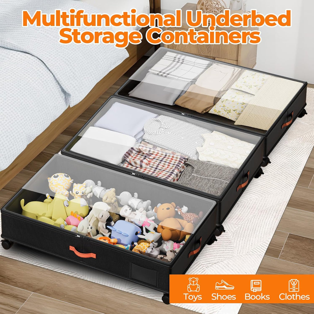Under Bed Storage with Wheels,2-Pack Under Bed Storage Containers with Clear Lids,XXL Large Under the Bed Storage