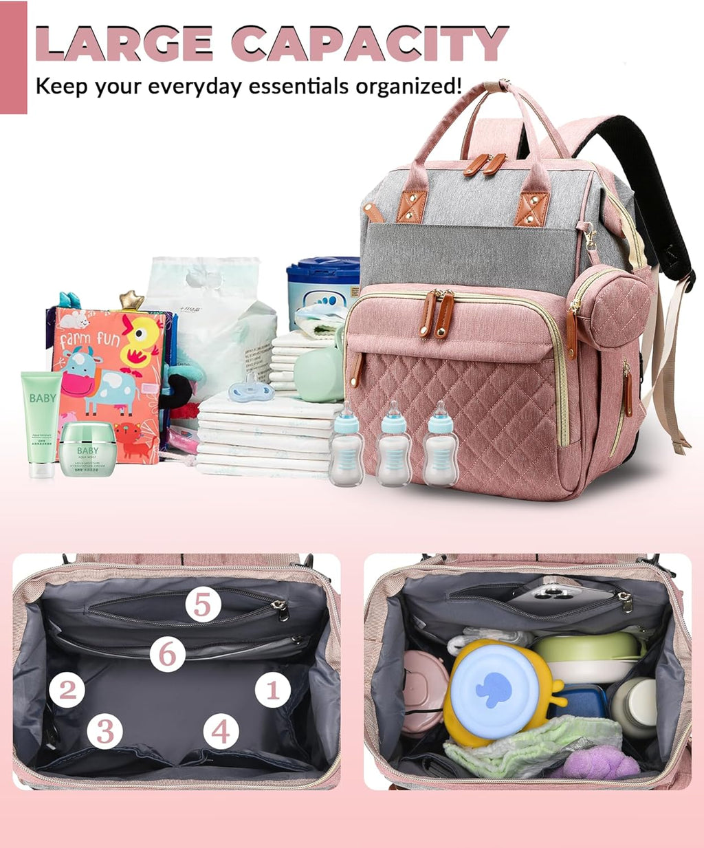 Diaper Bag Backpack with Changing Station, Waterproof Large Capacity, Baby Bag for Mom & Dad, 18 Pockets+USB Port
