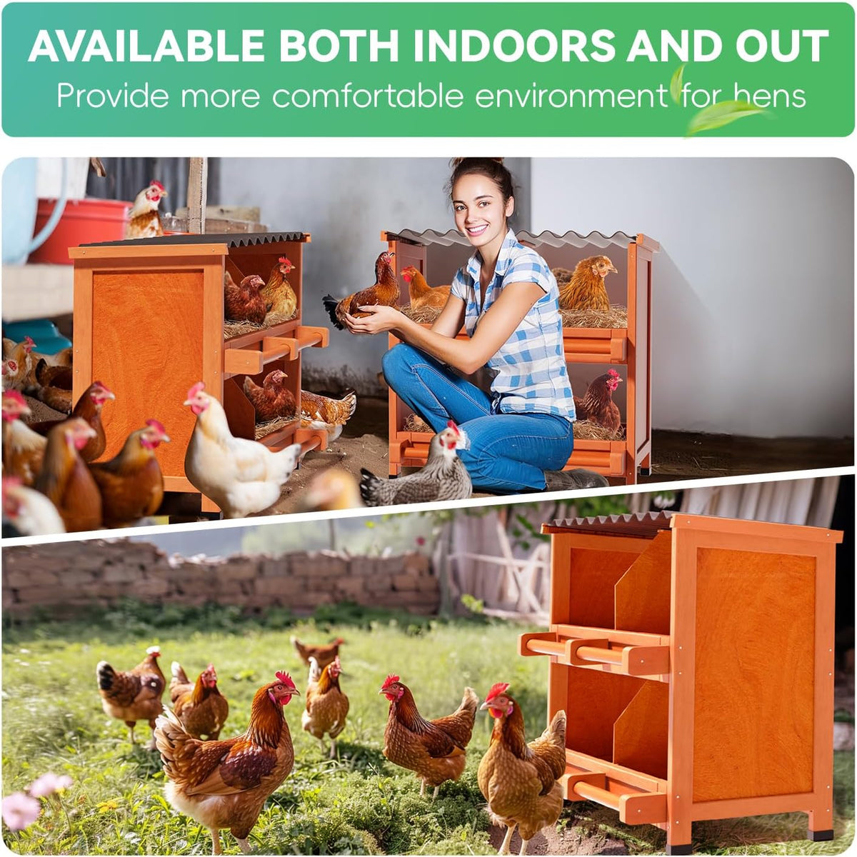 4-Compartment Chicken Nesting Boxes, Spacious for Large Breeds, Premium Pine Wood & Weather-Resistant PVC Sloped