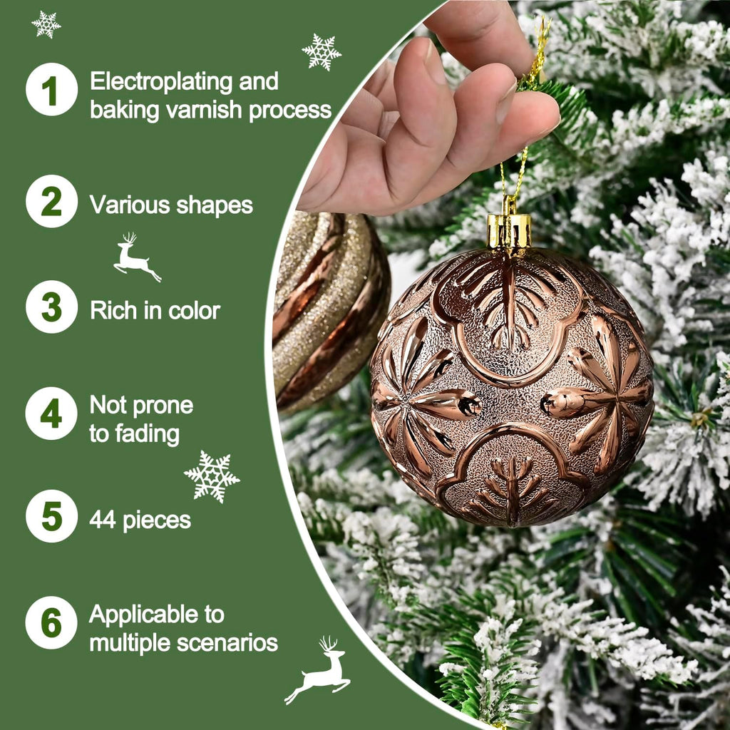 Christmas Ball Ornaments Set, 44ct 80mm Bronze Copper Gold Assorted Xmas Tree Ball Ornaments, Shatterproof Brown