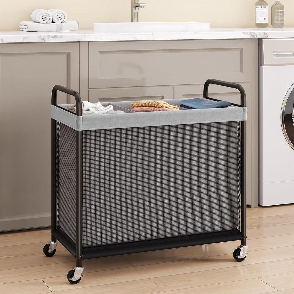 Laundry Hamper 3 Section, 120L Rolling Laundry Sorter with Wheels | Removable Washable Liner Bags, Sturdy Steel Frame
