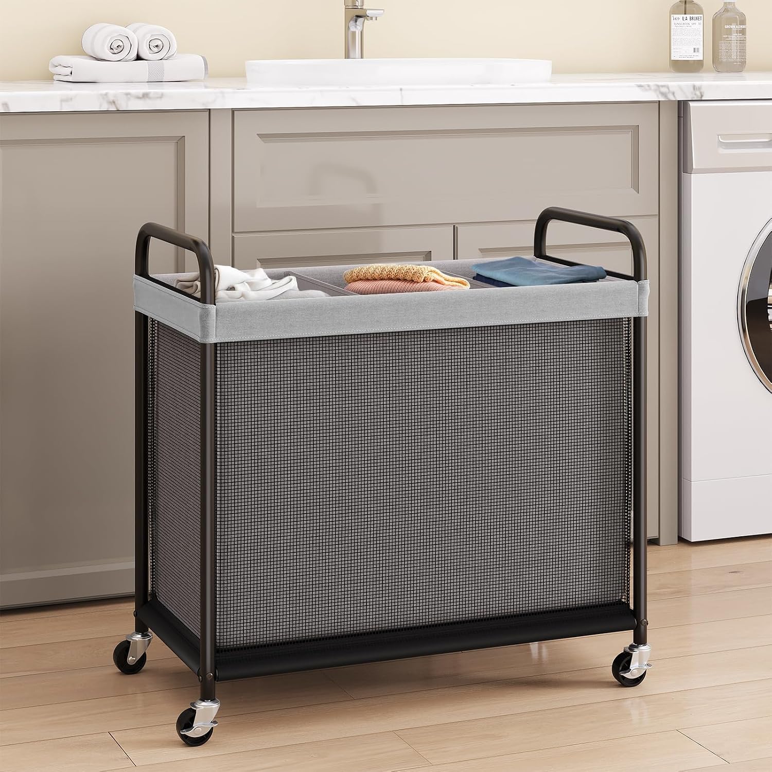 Laundry Hamper 3 Section, 120L Rolling Laundry Sorter with Wheels | Removable Washable Liner Bags, Sturdy Steel Frame