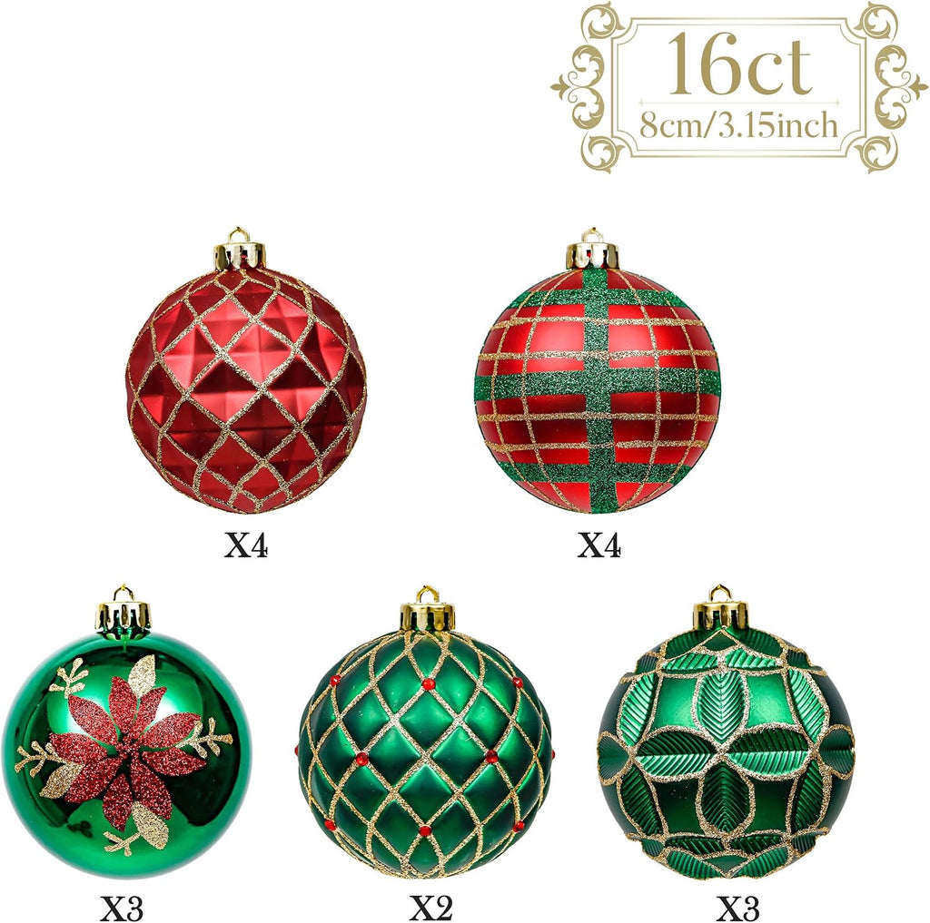 16ct Christmas Ball Ornaments Set, Red Green and Gold Shatterproof Hanging Decorations for Trees, 3.15 Inches