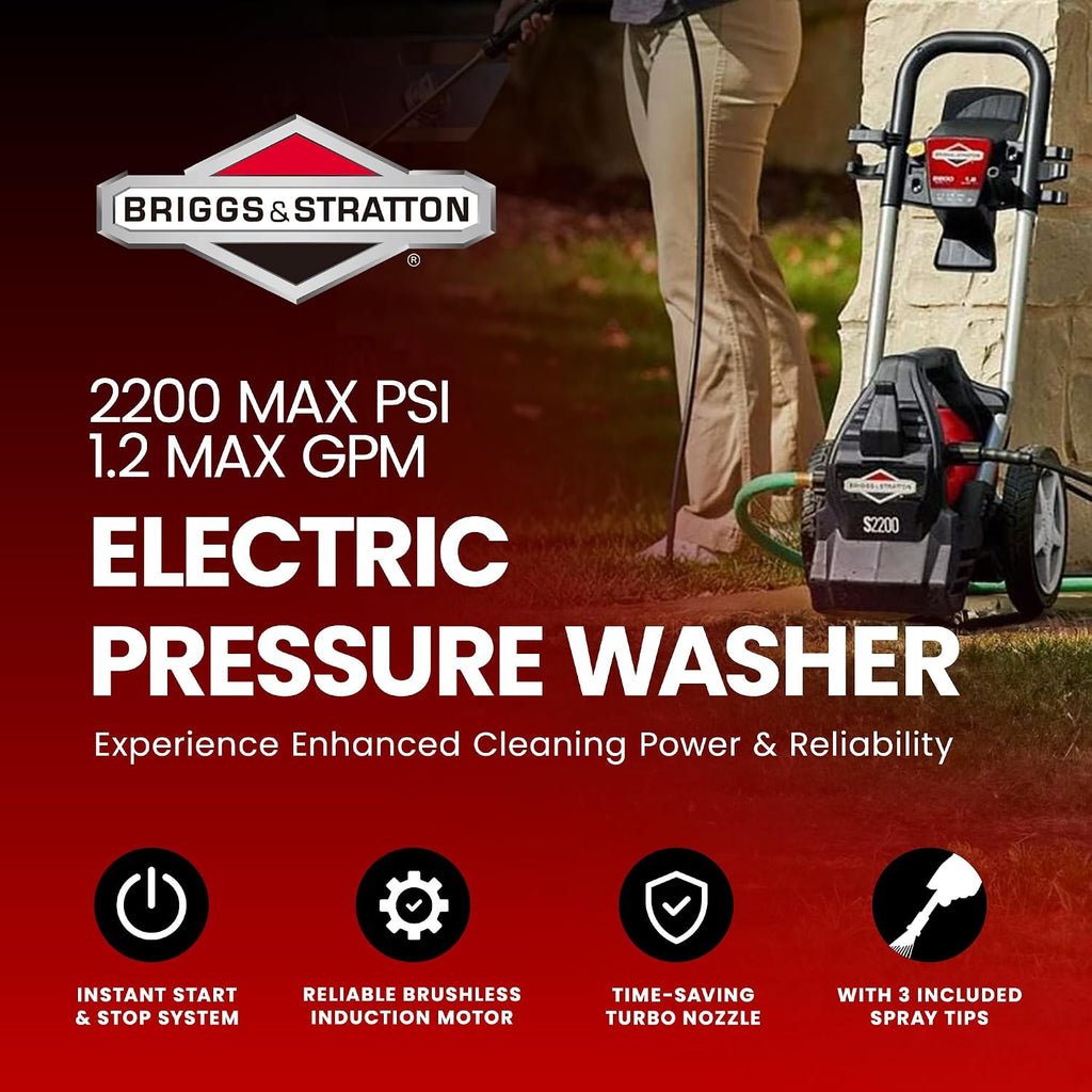 2200 Max PSI/1.2 Max GPM Electric Pressure Washer with 25 ft. Hose, 4 Spray Nozzles, Instant Start/Stop System and 9