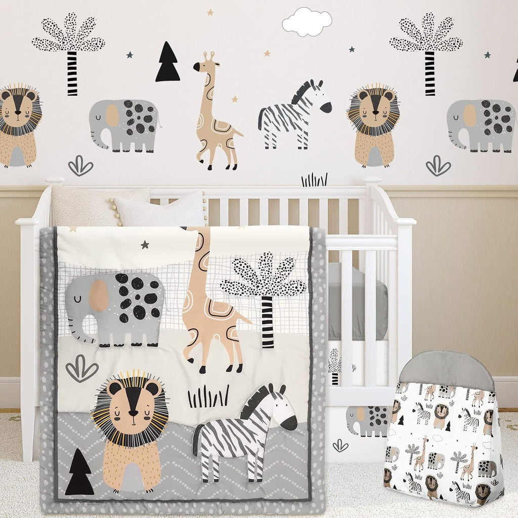 4 Piece Woodland Forest Animals Crib Bedding Set, Including Jungle Safari Crib Skirt, Blanket, Nursery Bed Sheet and