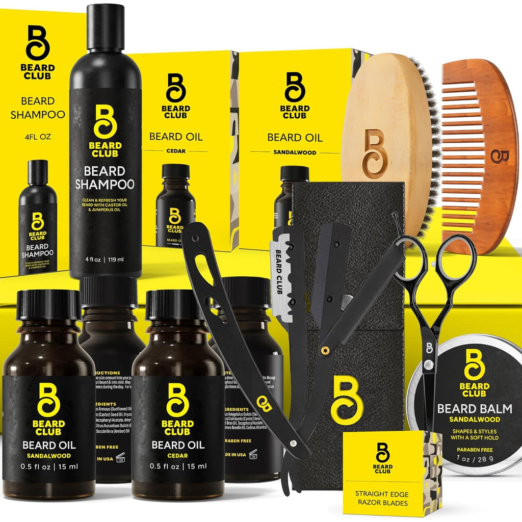 Premium Beard Kit for Men - Grooming & Care Kit - Cedar & Sandalwood Oil, Sandalwood Balm, Shampoo, Brush, Comb