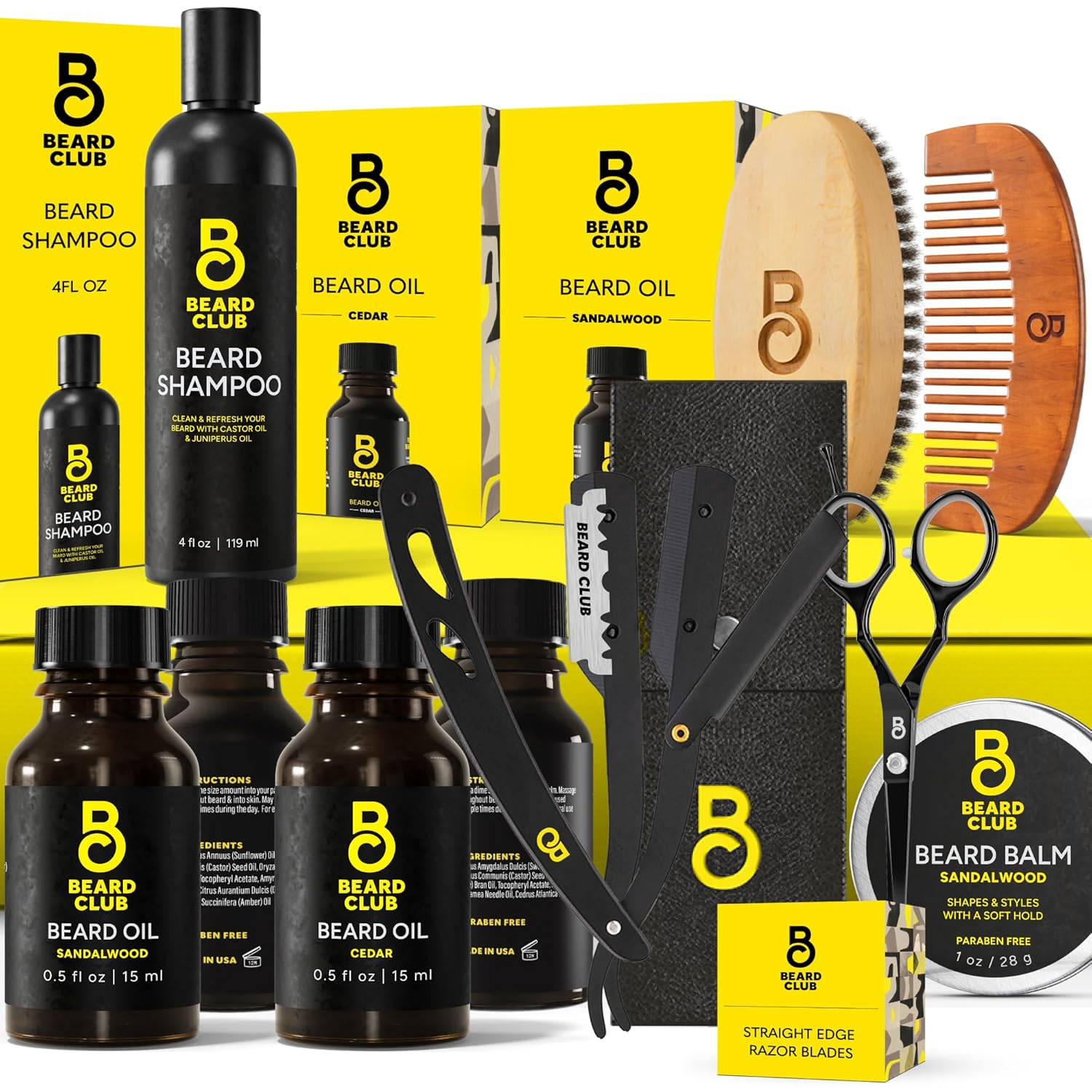 Premium Beard Kit for Men - Grooming & Care Kit - Cedar & Sandalwood Oil, Sandalwood Balm, Shampoo, Brush, Comb