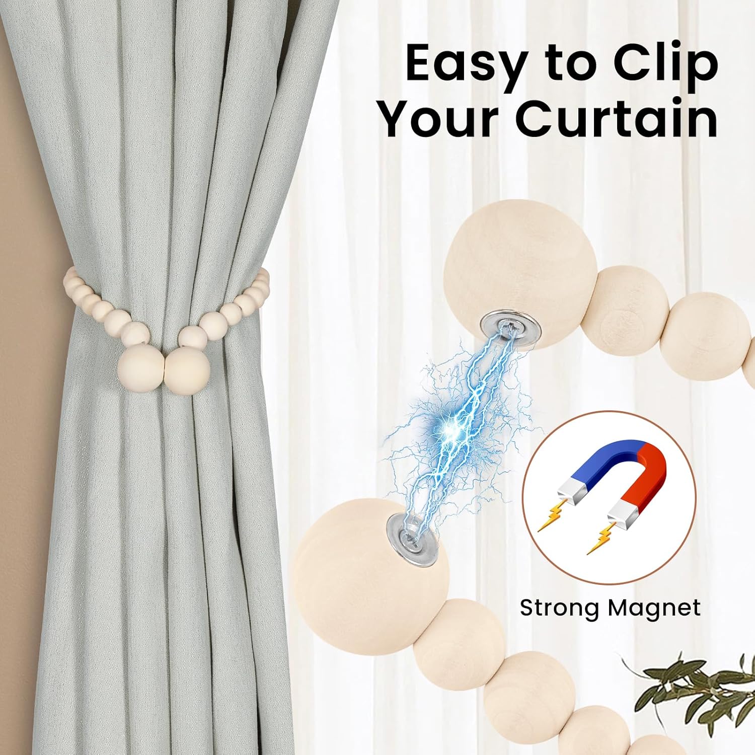 Magnetic Curtain Tiebacks, Curtain Holdbacks for Curtains 2 Pack, Wood Bead Curtain Holders for Boho Bedroom Decor