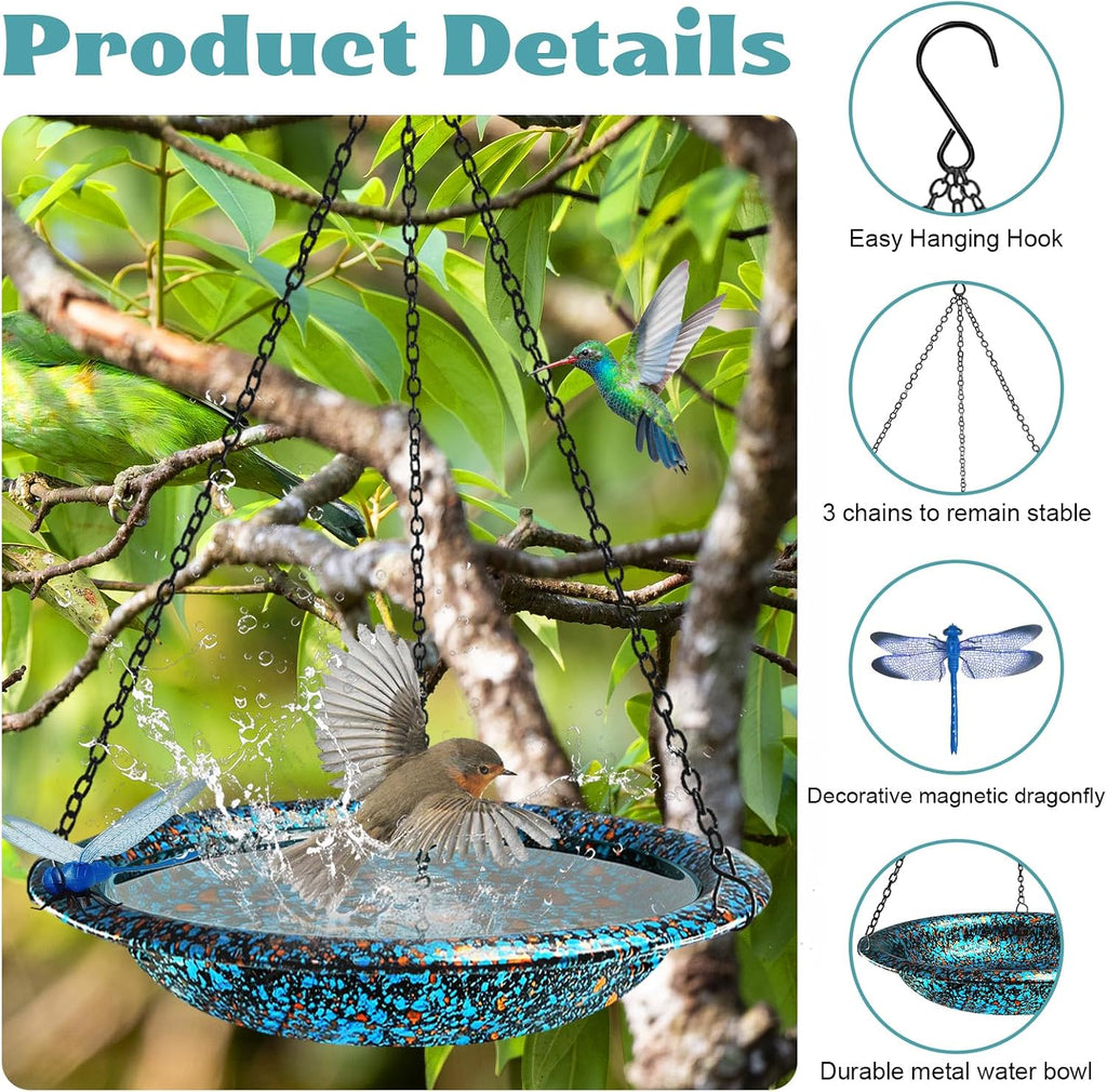 Hanging Bird Bath for Outside 11.4 inch Birdbath Bowl with Rust-Proof Black Chains Hooks Metal Hanging Window Bird