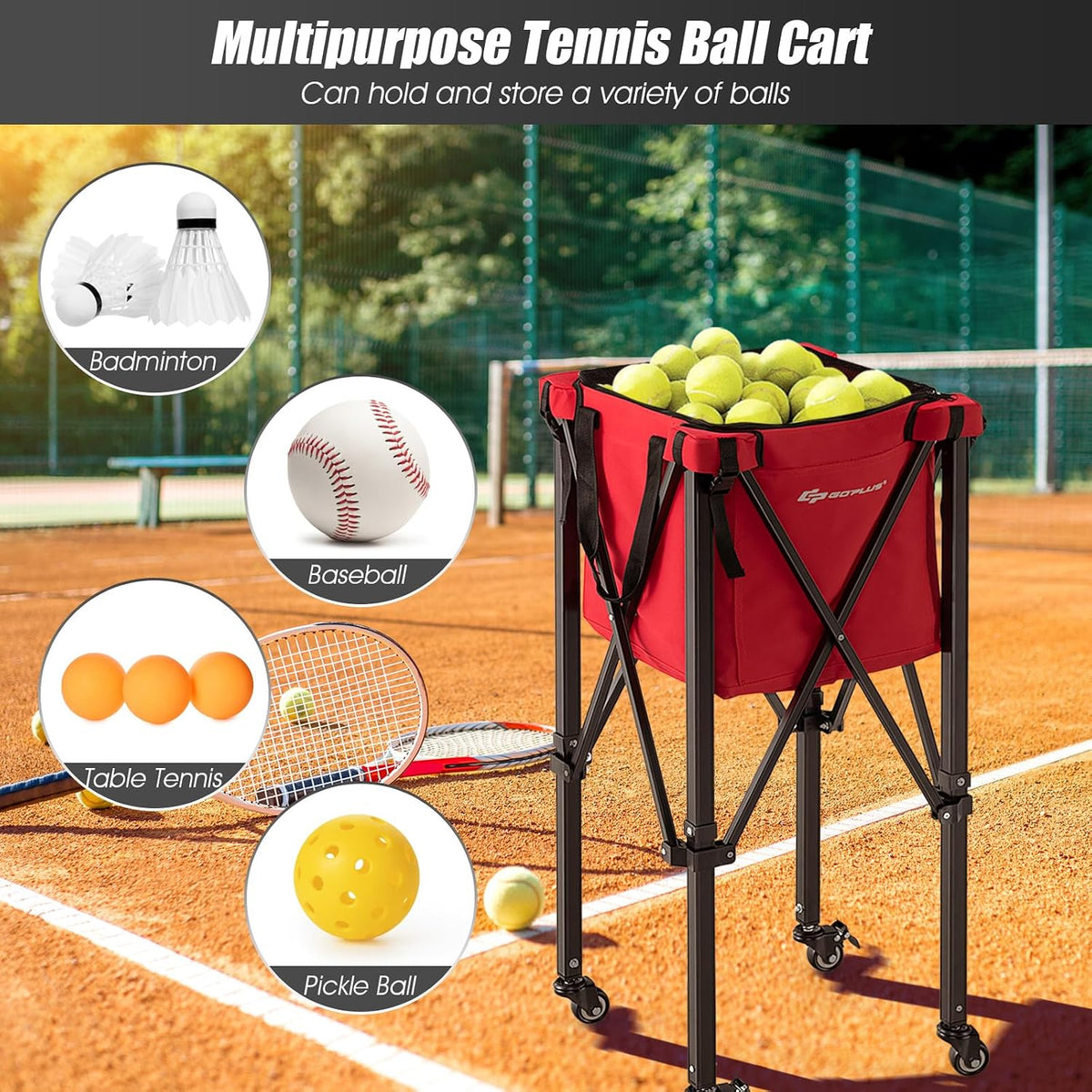Foldable Tennis Ball Hoppers, Lightweight Aluminum Tennis Ball Basket with Wheels, Removable Bag, Side Pockets, Carry