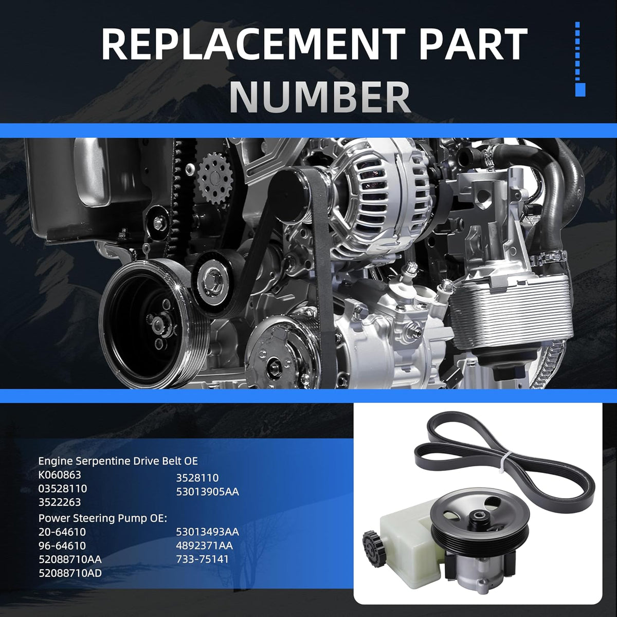 Power Steering Pump with Pulley&Serpentine Drive Belt for Liberty