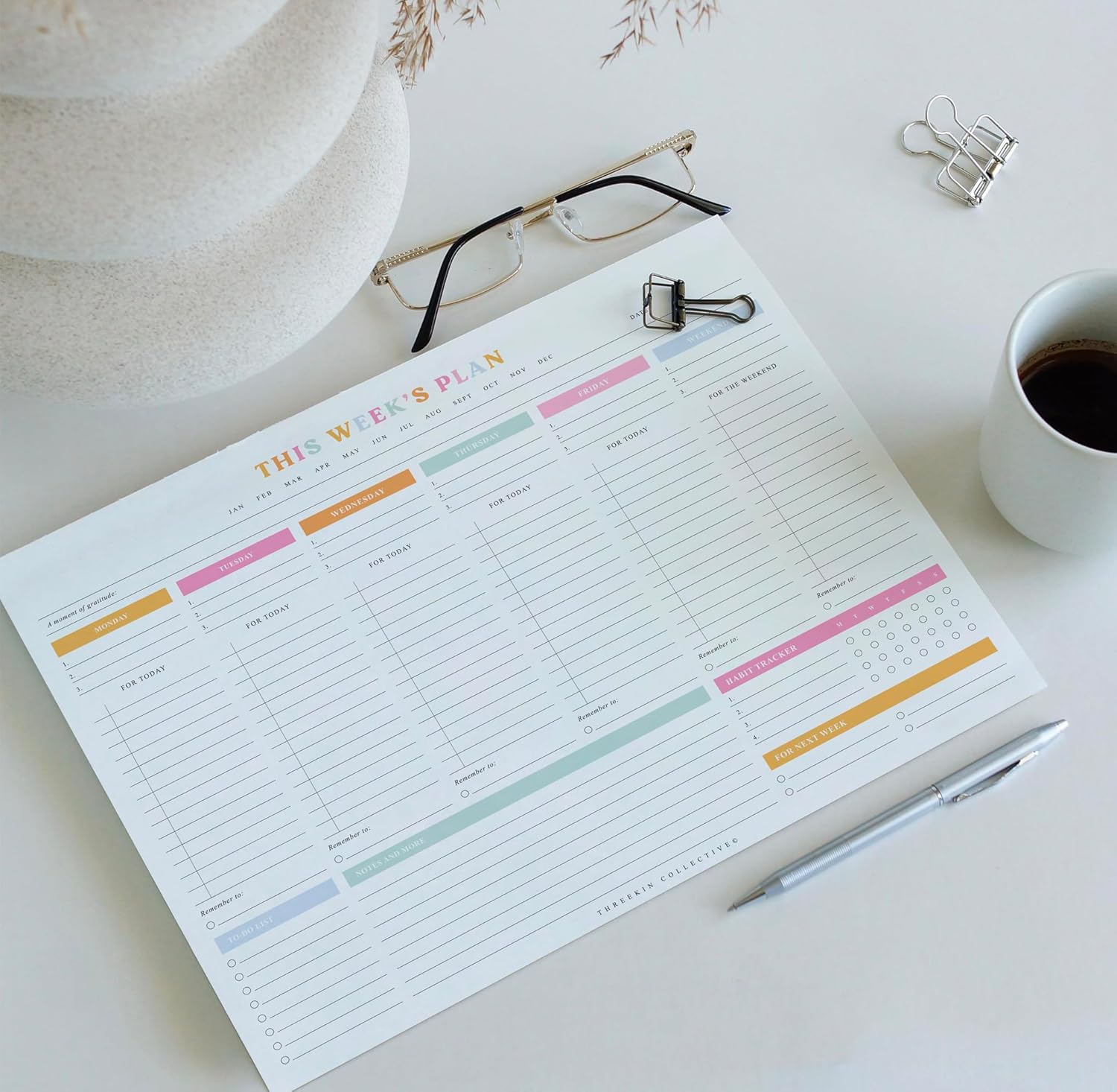 ThreeKin Weekly Planner - Premium 52-Sheet Tear-Off Notepad, 8.5 x 11 inches, Clean Colorful Design, Perfect for