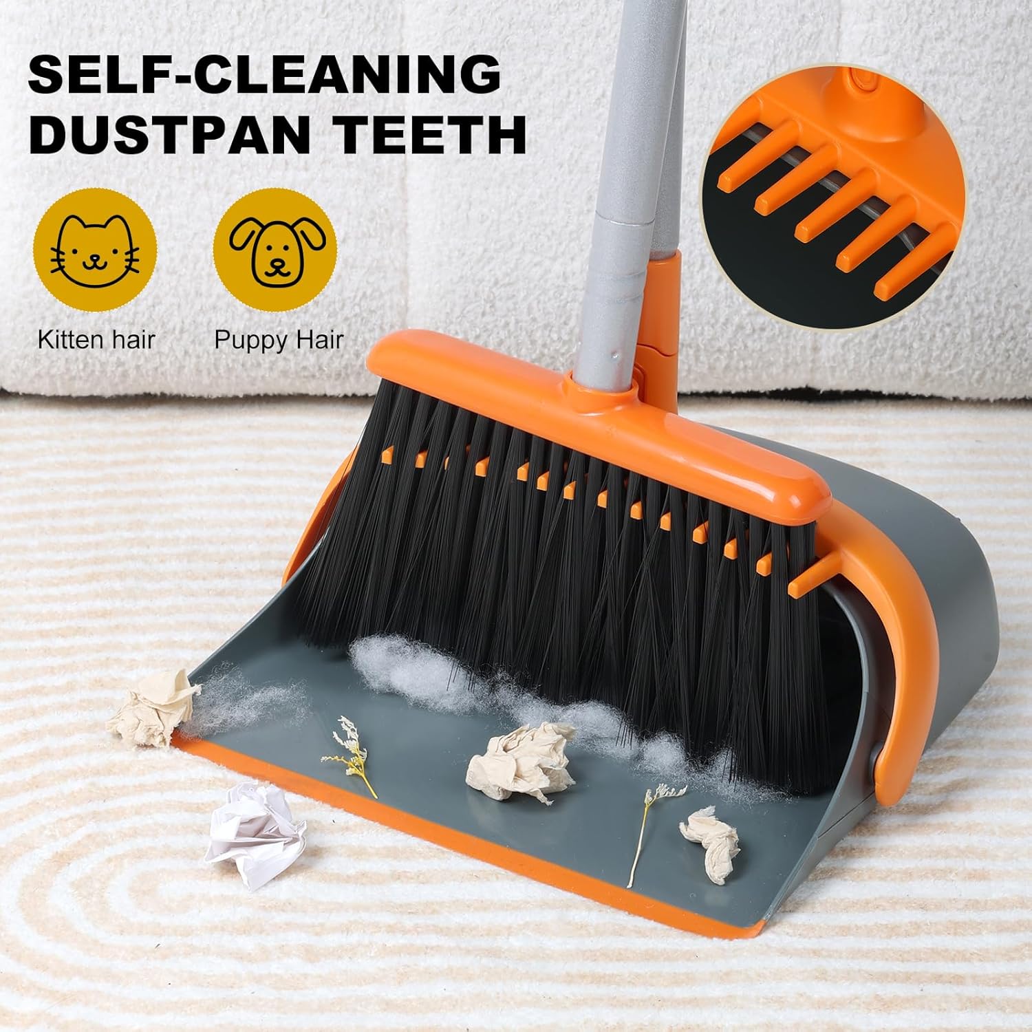 Broom and Dustpan Set with 54 Inch Long Handle - Perfect Dust Pan and Brush Combo for Home Efficient Cleaning (Orange