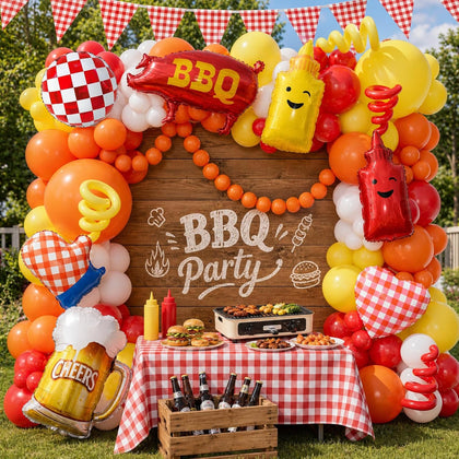 Hot Dog Balloons, BBQ Balloons, 170Pcs Hot-Dog Party Decorations Red Yellow and Orange Balloon Garland Arch Kit with
