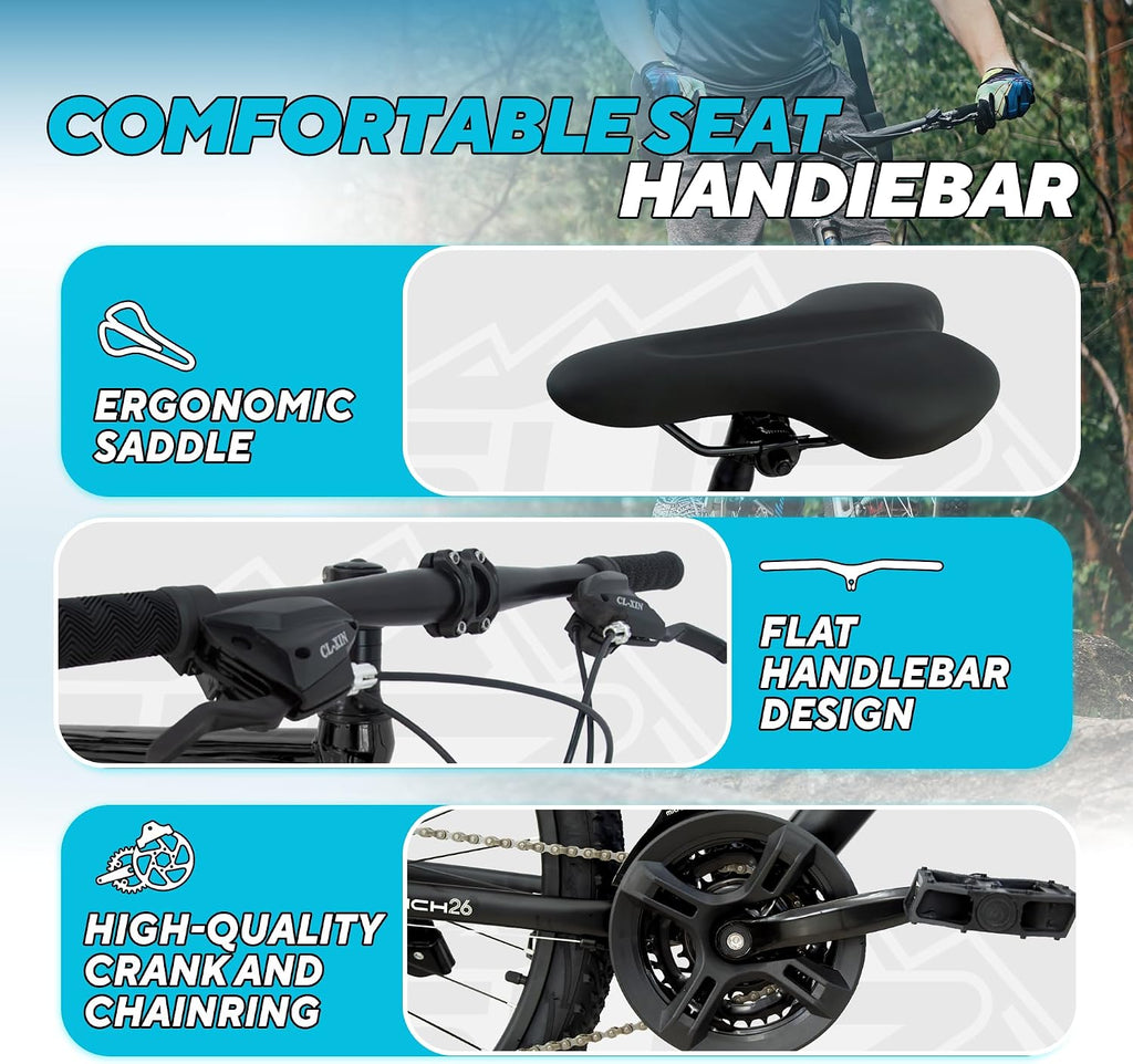 26 Inch Mountain Bike for Adults Men & Women, 21 Speed Hardtail Steel Frame MTB with Disc Brakes - Ideal for Trail