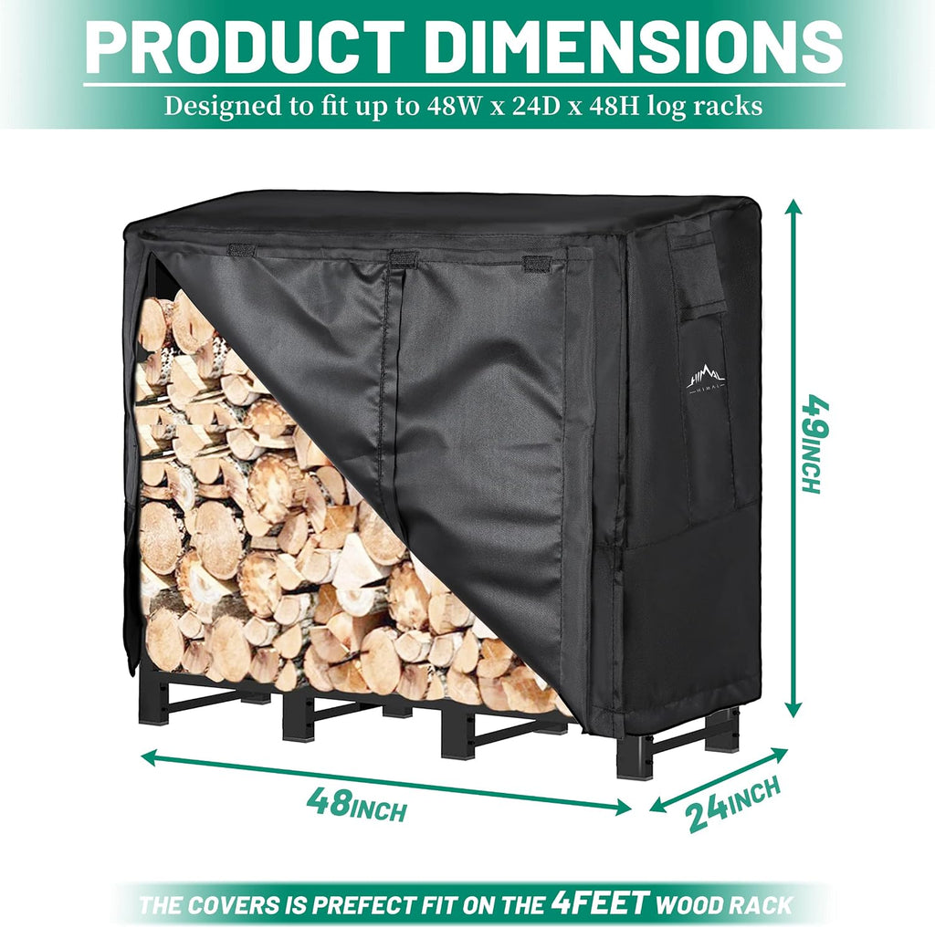 Himal 4ft Firewood Rack Cover Outdoor Waterproof, Black | Heavy Duty 600D Oxford Weather Resistant Fire Wood Storage
