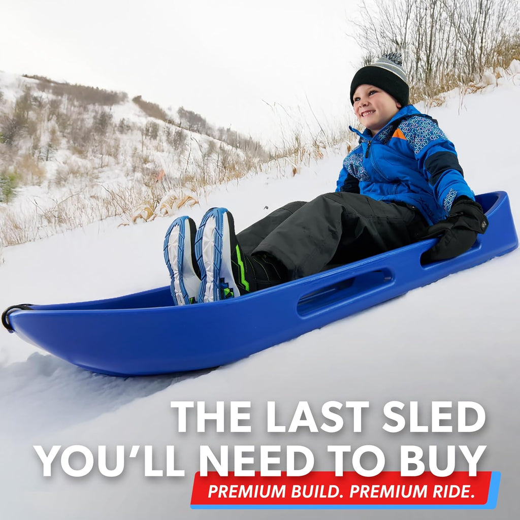 2 Person Premium Snow Sled - Choose Red or Blue - Double Walled Construction, Pull Strap and Padded Seat