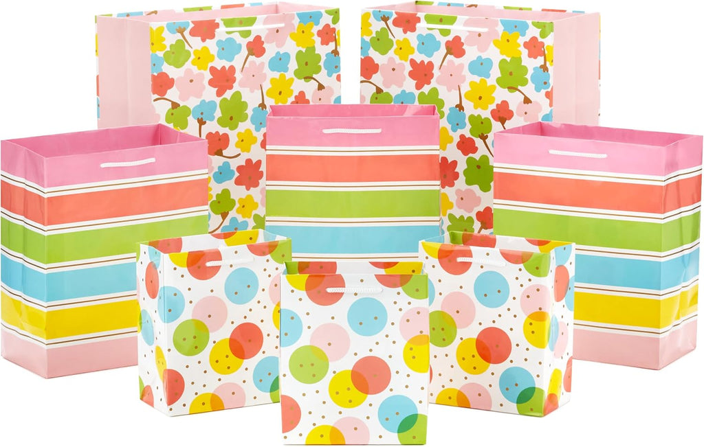 Gift Bags, 8-Pack, 3 Sizes (Polka Dots, Rainbow Stripes, Flowers)