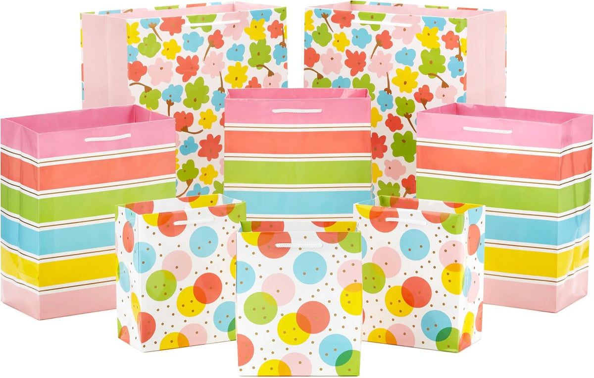 Gift Bags, 8-Pack, 3 Sizes (Polka Dots, Rainbow Stripes, Flowers)