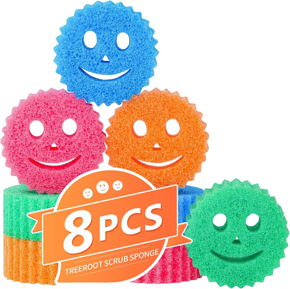 8 Pack Colorful Smile Scrub Sponges, Temperature Controlled