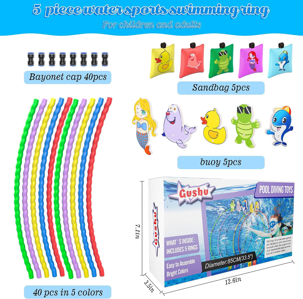 Diving Toys 15 PCS Pool Toys for Kids Age 4-8 8-12 Water Swim Thru Rings with Buoys and Sandbags Underwater Training