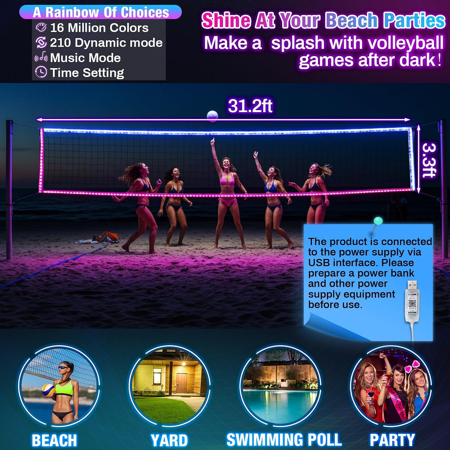 LED Professional Volleyball Net Remote Music 31.2x3.3ft Beach Backyard Pool | Portable Light up Volleyball Net