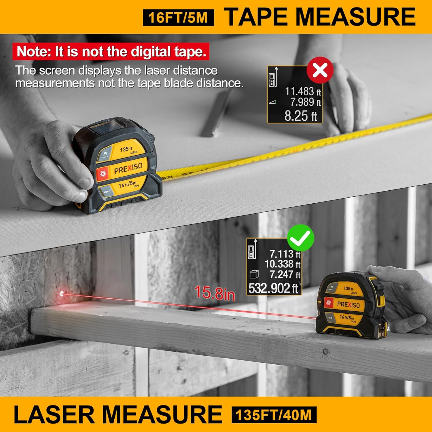 2-in-1 Laser Tape Measure, 135Ft Rechargeable Measurement Tool & 16Ft Measuring Movable Magnetic Hook - Pythagorean