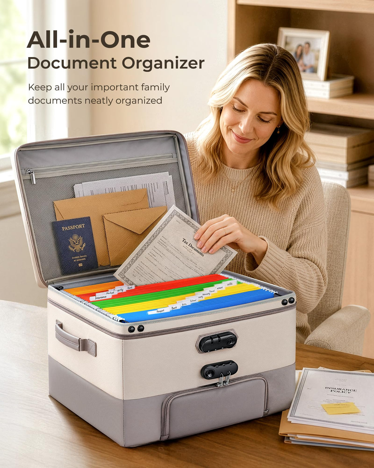 Fireproof Document Box with 2 Locks, 10 Hanging File Folders