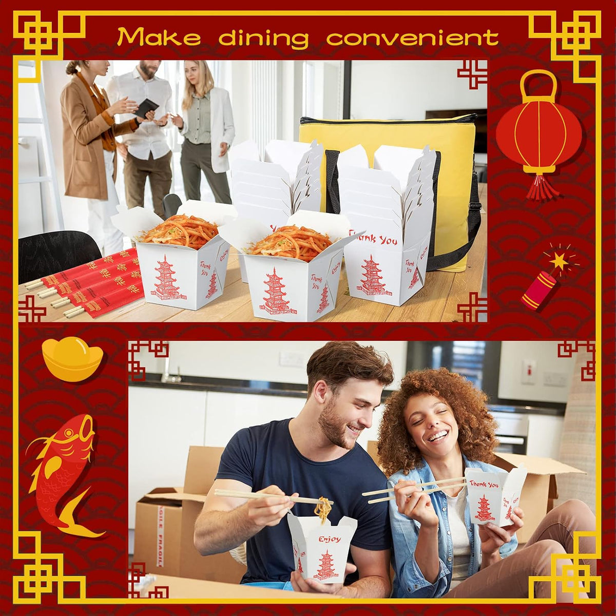 50 Sets 8 oz Chinese Take Out Boxes with Disposable Chopsticks