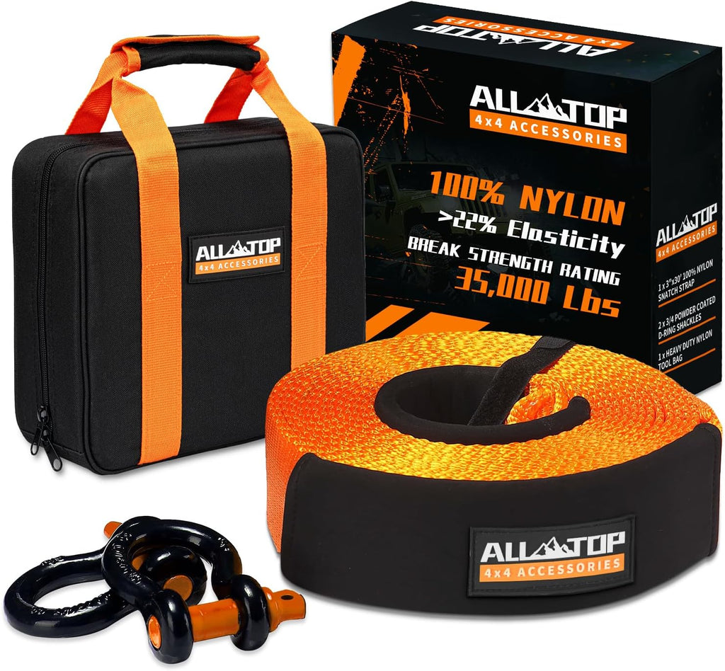 Heavy Duty Tow Strap Recovery Strap Kit : 3 inch x 30 ft (35,000 lbs) 100% Nylon and 22% Elongation Snatch Strap +