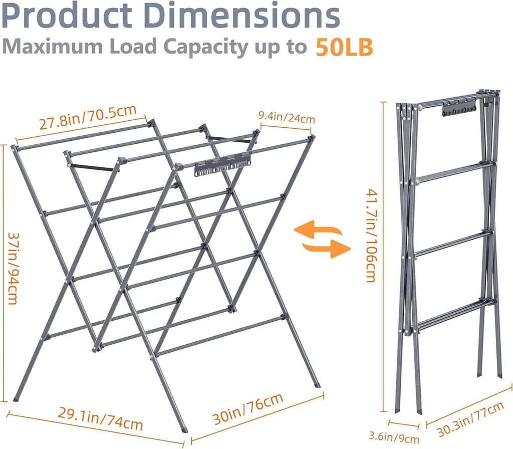 Drying Rack Clothing,12 Drying Poles with Sock Clips Clothes Drying Rack | Foldable Portable Laundry Drying Rack for