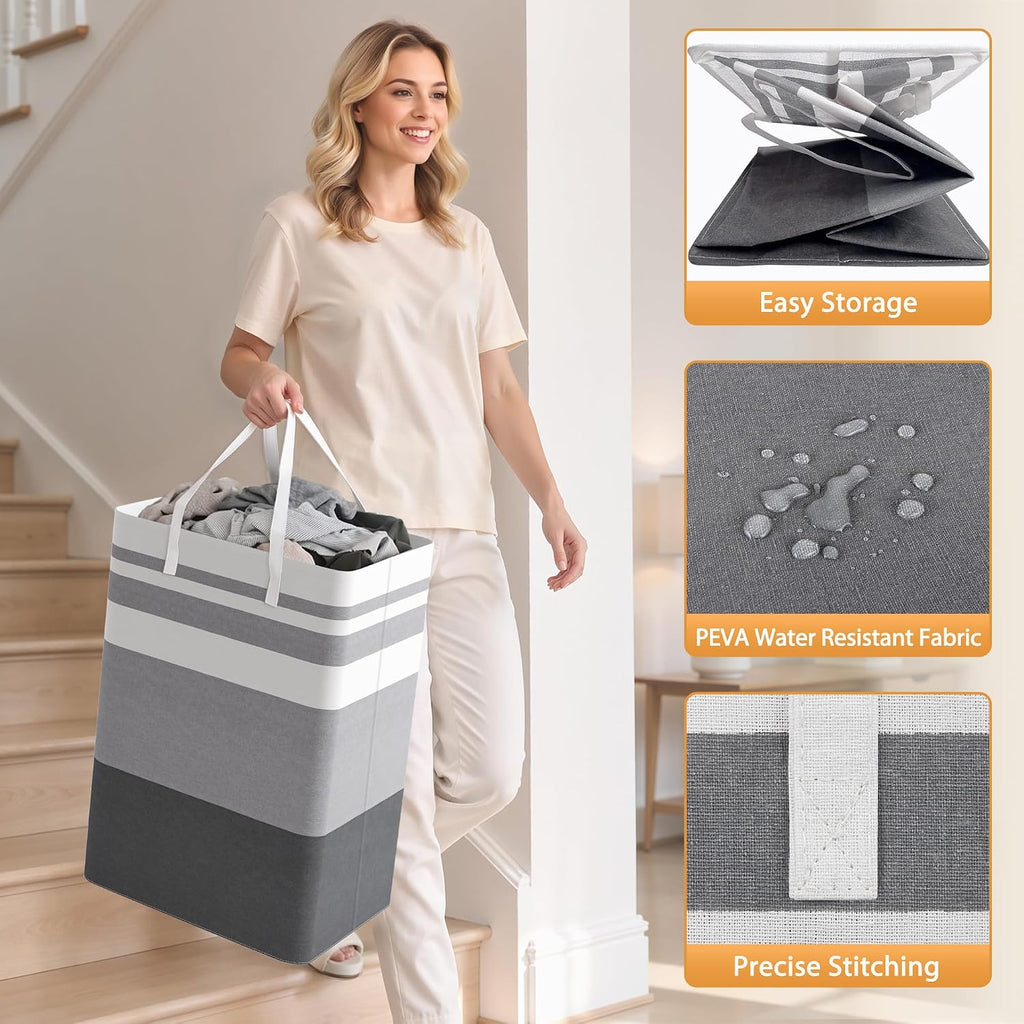 2 Pack Large Laundry Baskets, Laundry Hampers Bags (Grey 75Lx2) | Waterproof, Freestanding, Collapsible Clothes