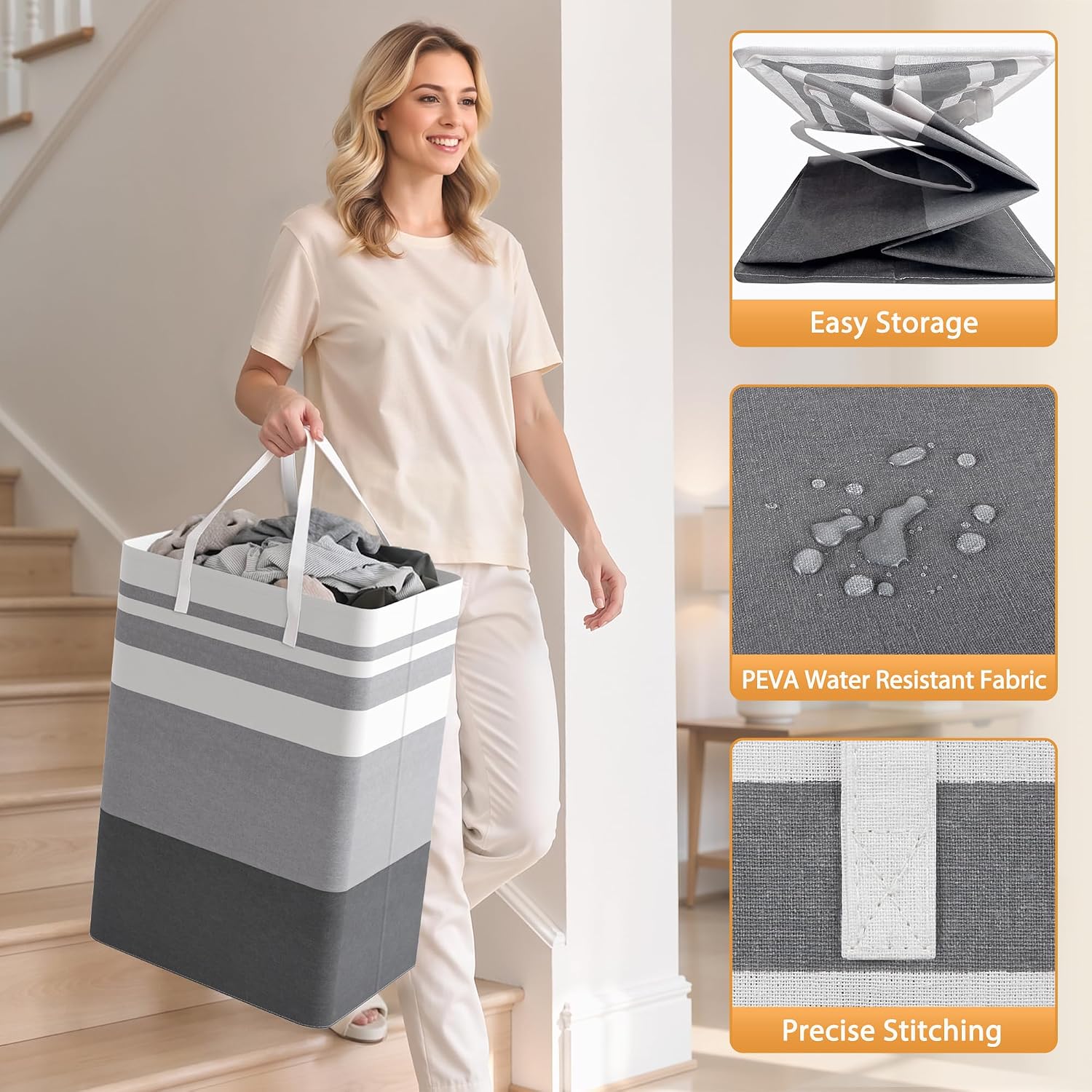 2 Pack Large Laundry Baskets, Laundry Hampers Bags (Grey 75Lx2) | Waterproof, Freestanding, Collapsible Clothes