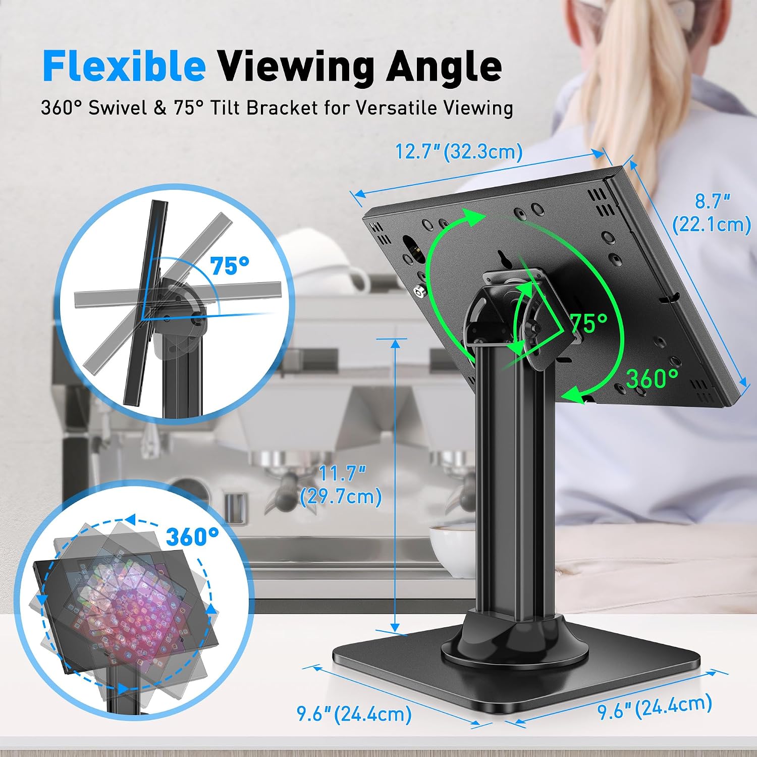 Anti-Theft iPad Kiosk Stand – POS iPad Security Stand & Locking Tablet Holder – Heavy Duty Base, 360° Swivel, 75°