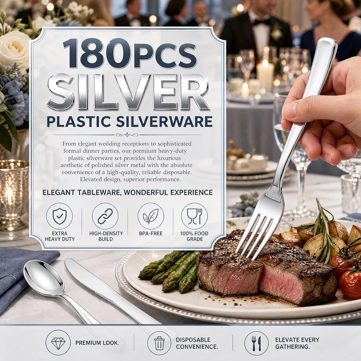 180 Ps Silver Plastic Silverware - Plastic Cutlery - Fancy Plastic Silverware Heavy Duty - 60 Forks 60 Knives 60