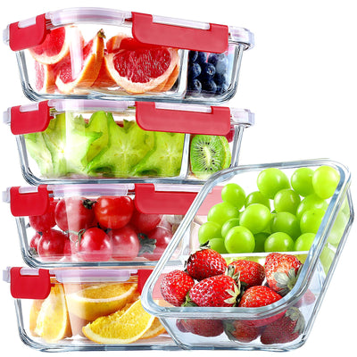 5 PACK 36 OZ Glass Food Storage Containers 2 Compartment Set, Red