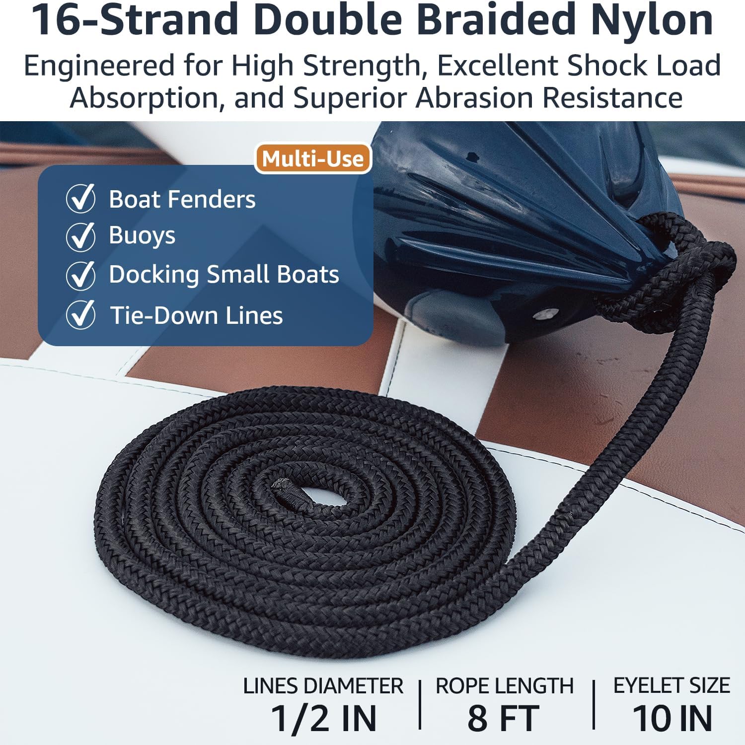 1/2" x 8' Boat Fender Lines (4-Pack) - Double Braided Nylon Dock Lines for Boats - Marine Grade Fender Ropes with 10"