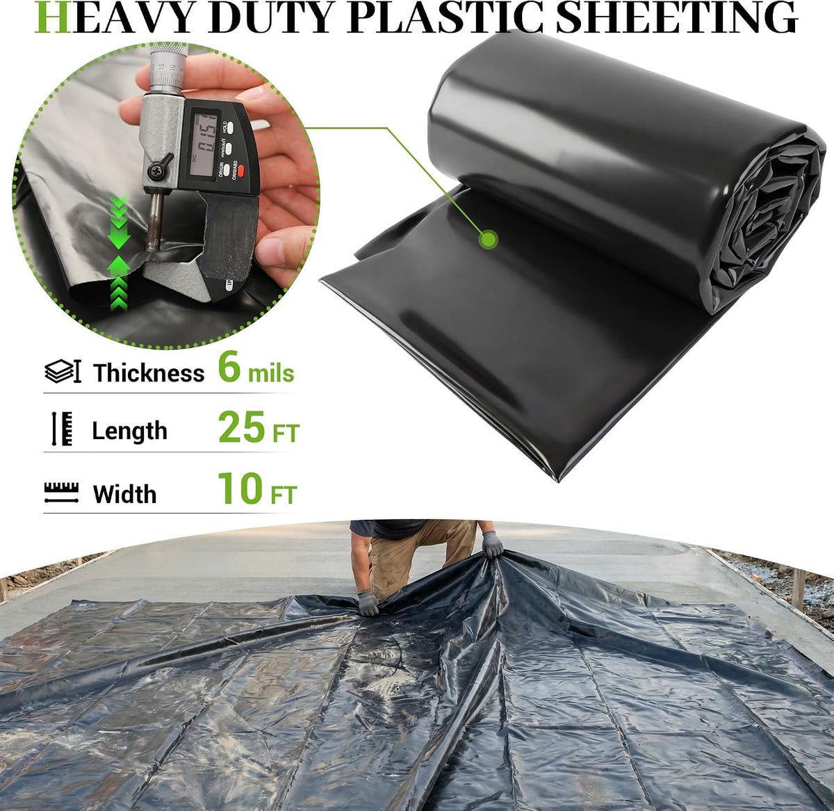 Black Plastic Sheeting 6 Mil 10 x 25 FT, Heavy Duty Polyethylene Sheeting, Waterproof, UV Protection