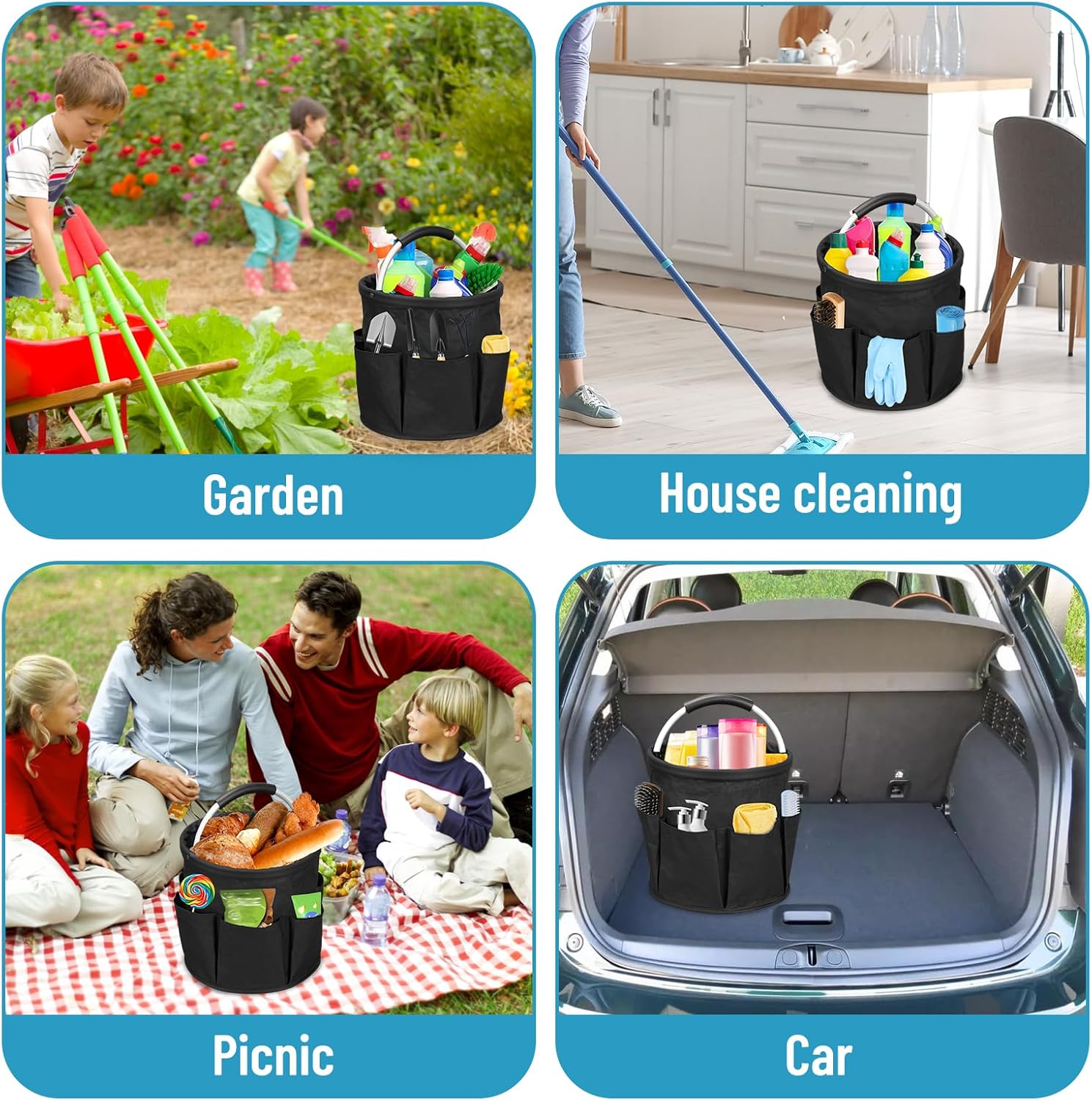 17L Portable Cleaning Bucket Organiser, 6 Pockets Foldable Cleaning Caddy with Handle Wearable Cleaning Caddy Bag for